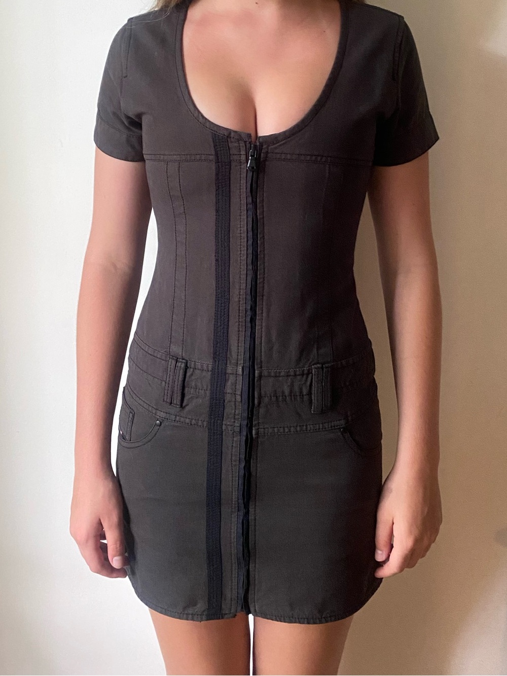 Diesel denim Women’s Scoop Neck Zip-Front Short Sleeve Dress - Black
